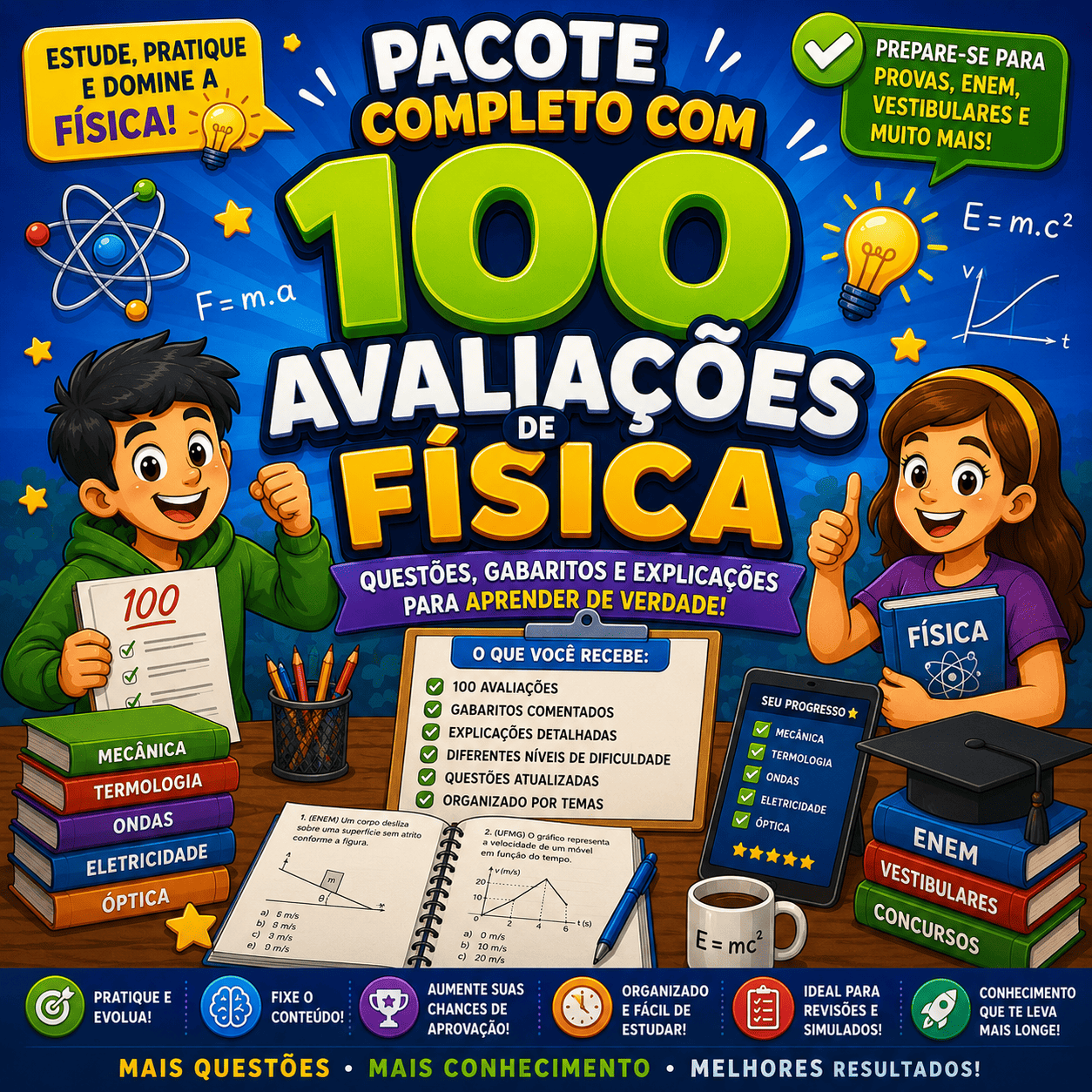 Pacote Completo com 100 Avalia\u00e7\u00f5es de F\u00edsica